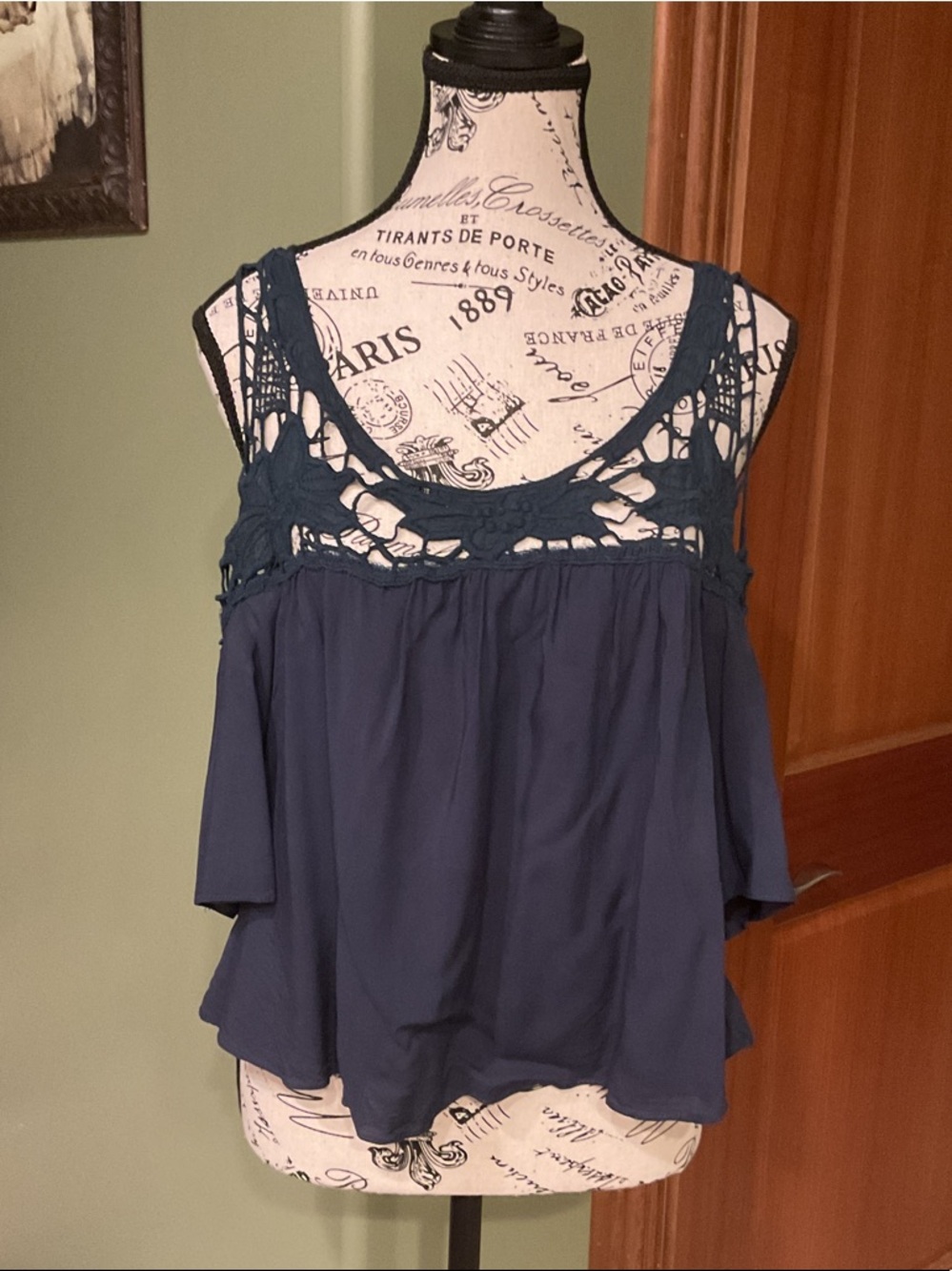 Crochet Yoke Navy Sleeveless Cold Shoulder Top, Size M